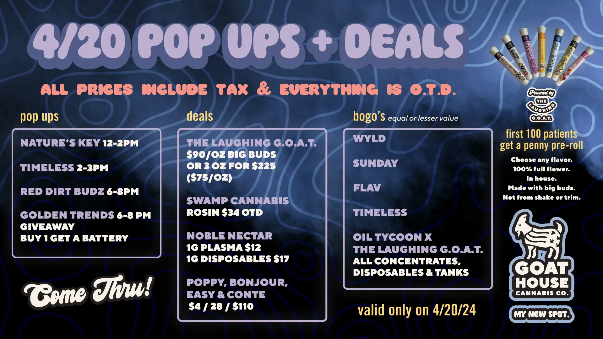 Goat House day of 4/20 deals with pop-ups
