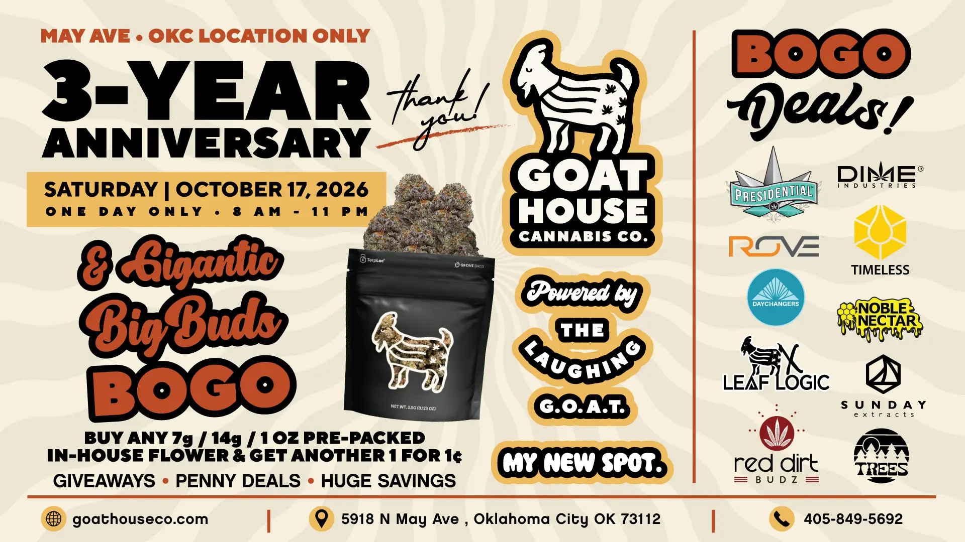 Goat House Cannabis Oklahoma City 3-year anniversary sale October 17, 2026, featuring BOGO 1¢ flower deals, giveaways and penny specials.